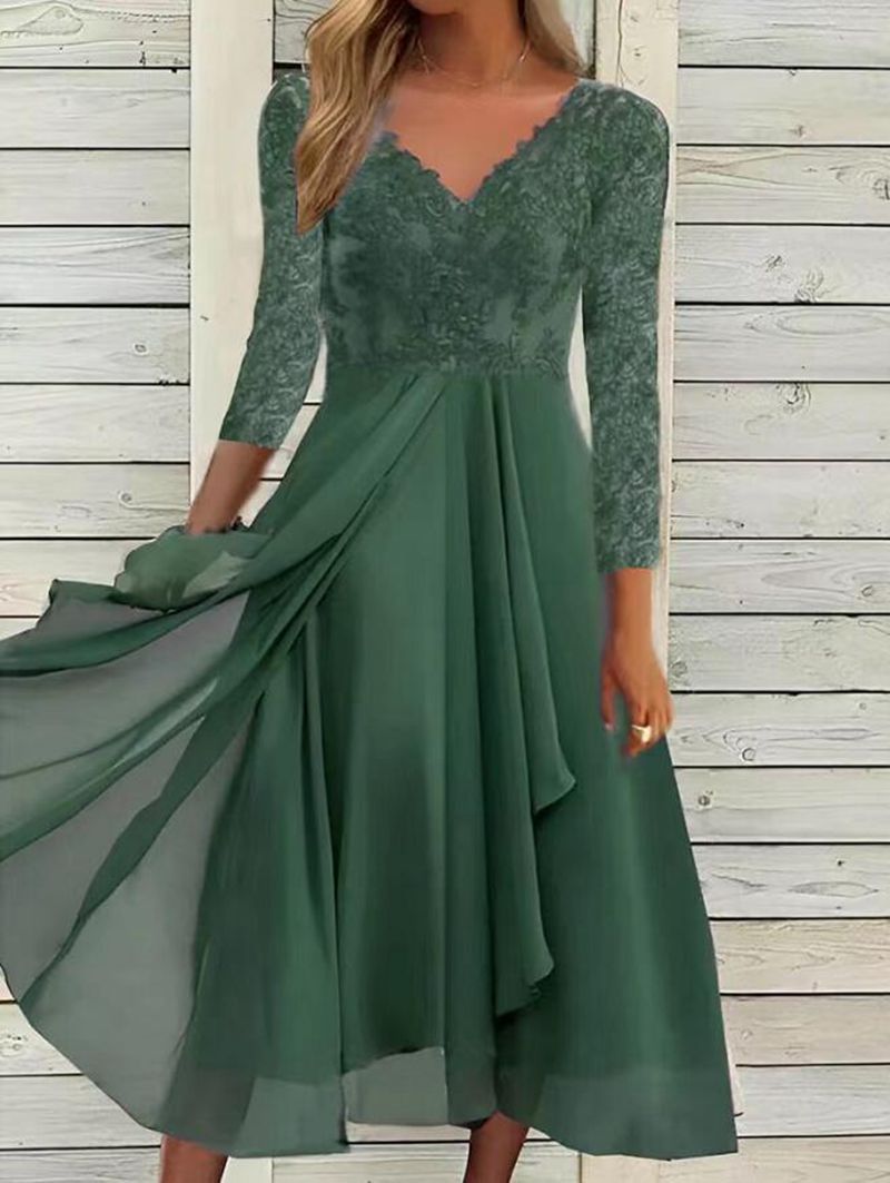 Women’s lace top midi dress with V-neck, layered chiffon skirt and three-quarter sleeves Mune Fashion
