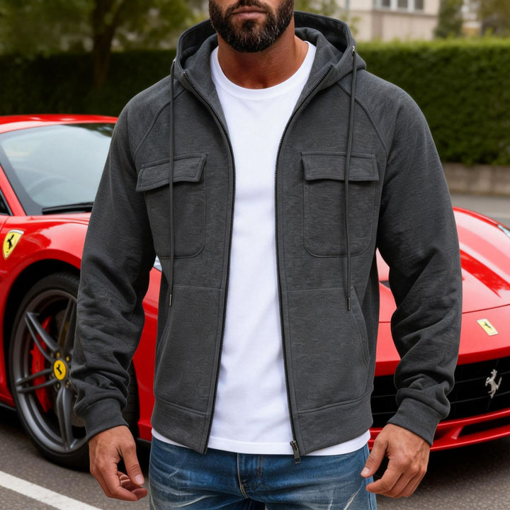 Men's hooded jacket with full zip, chest pockets and modern slim-fit silhouette Mune Fashion