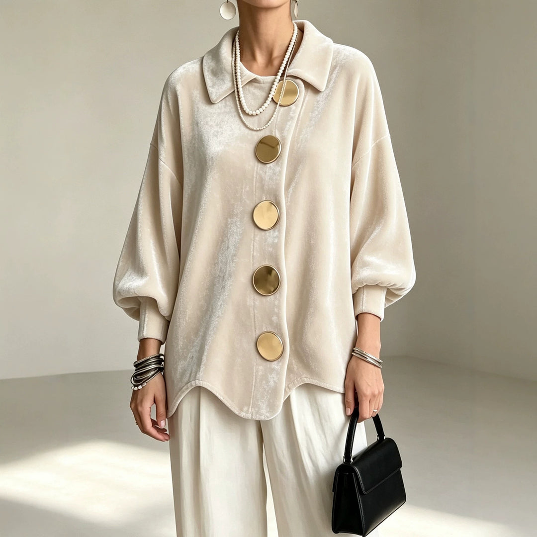 Women's Oversized Velvet Jacket with Large Decorative Buttons and Balloon Sleeves Mune Fashion