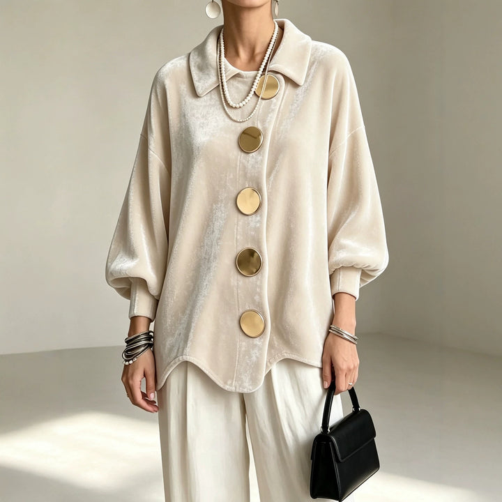 Women's Oversized Velvet Jacket with Large Decorative Buttons and Balloon Sleeves Mune Fashion