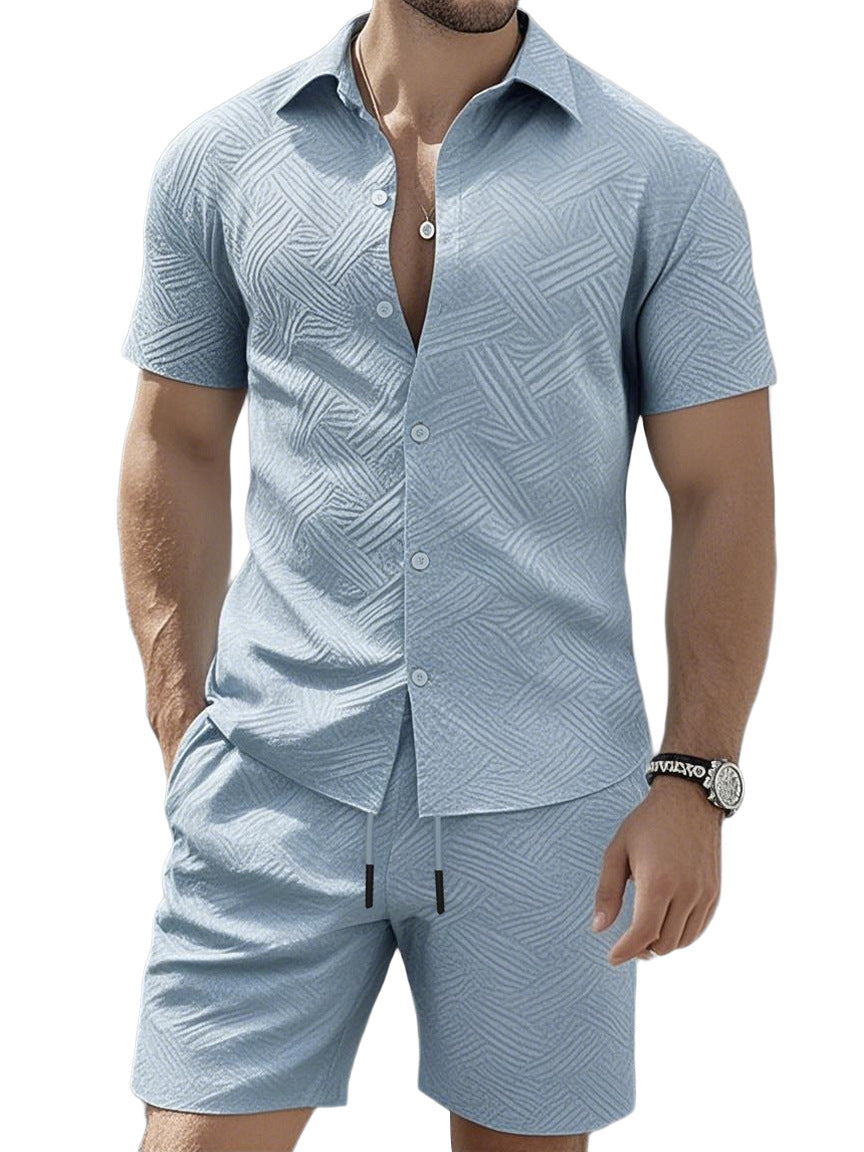 Men's nan geometric embossed short sleeve shirt and Bermuda two-piece set with shirt collar and drawstring Mune Fashion