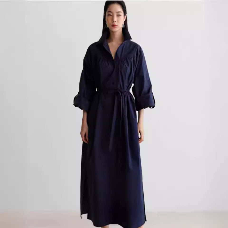 Women Long Sleeve Shirt Blouse Maxi Dress with Structured Shoulder Yoke and Tie Belt Mune Fashion