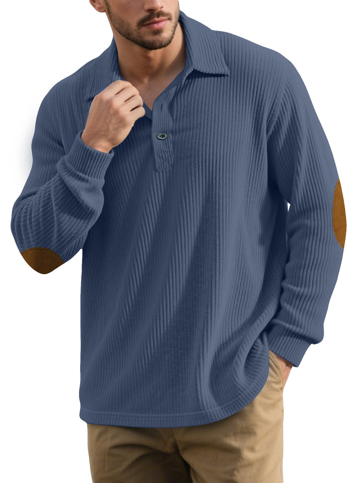 Men's ribbed casual polo with kent collar, short button placket and velour elbow patches Mune Fashion