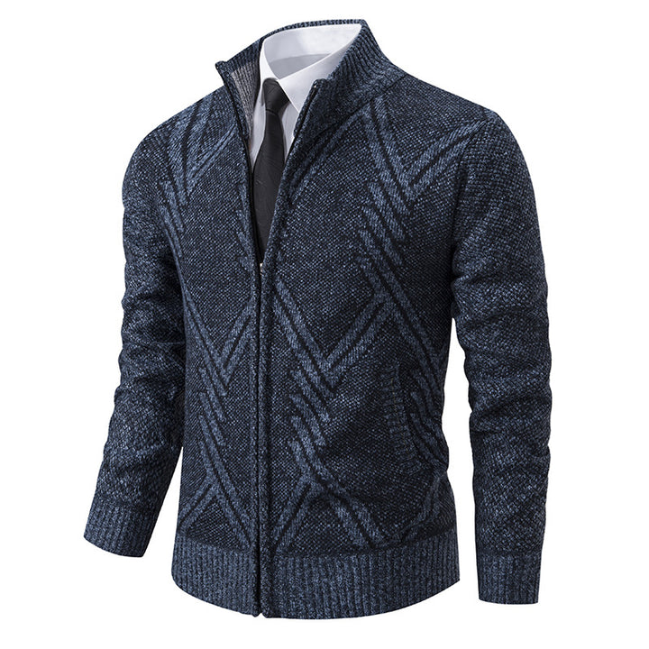 Men's Chunky Knit Zip Cardigan with Stand-Up Collar and Geometric Structure Pattern Mune Fashion