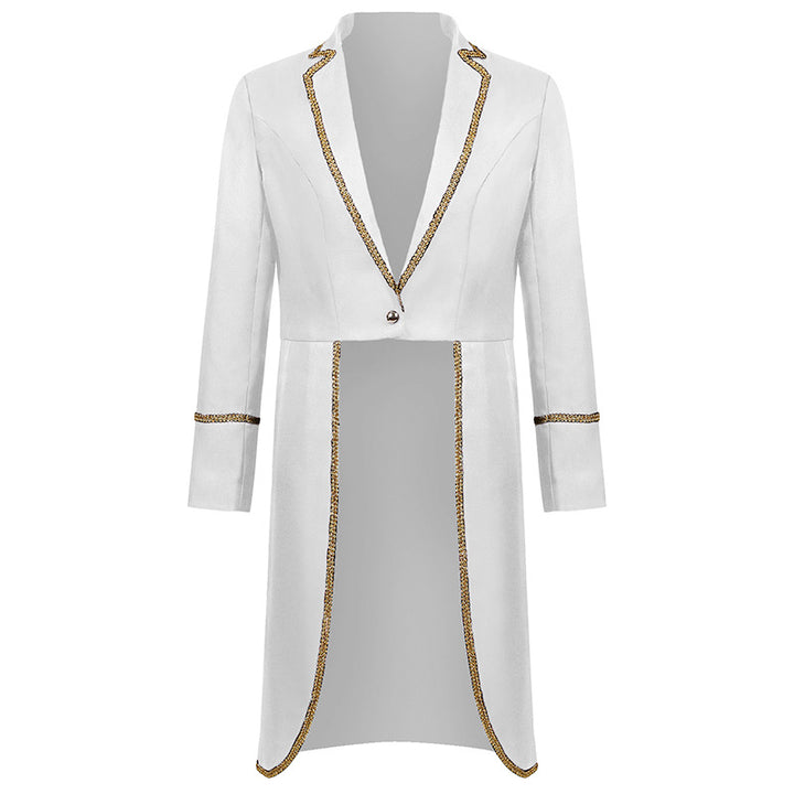 Men's elegant evening tailcoat with short front, curved swallowtail and gold decorative border Mune Fashion