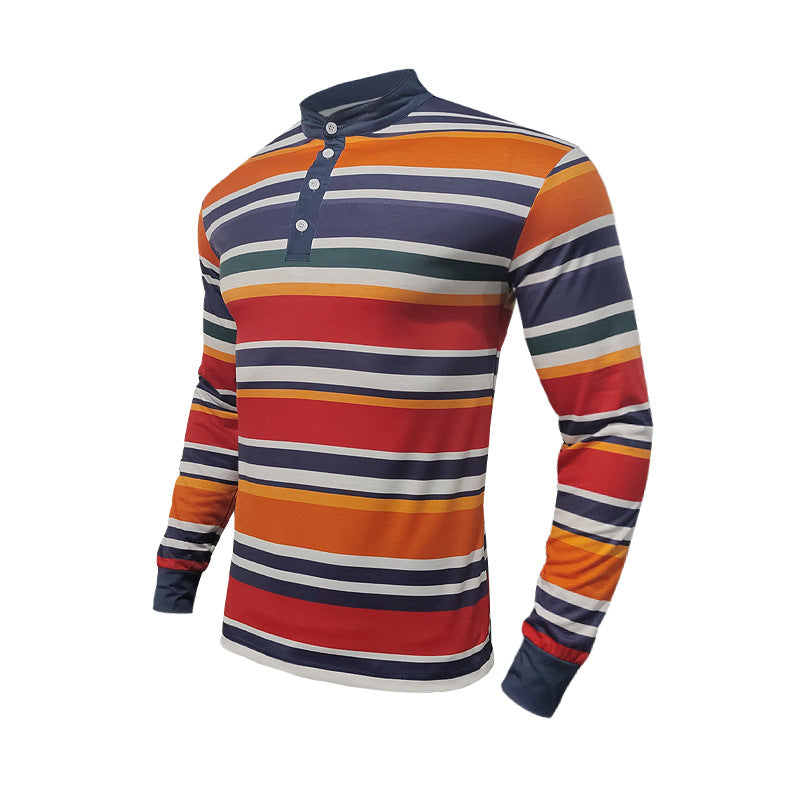 Men's striped long-sleeve Henley shirt with stand-up collar and button placket Mune Fashion