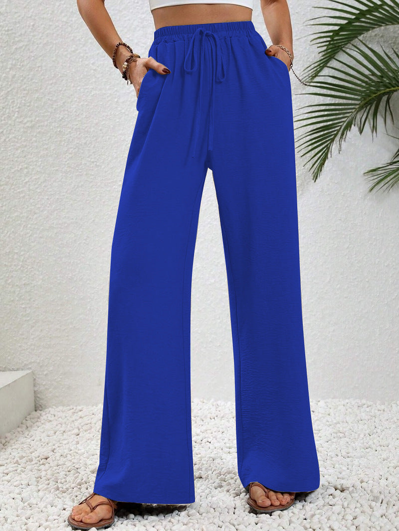 Women Wide Palazzo Pants with High Elastic Waistband, Drawstring and Side Pockets Mune Fashion