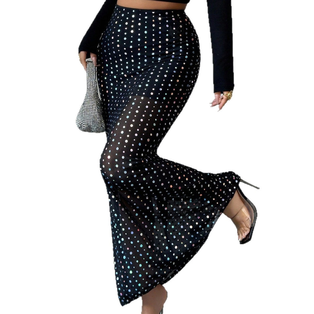 Women's figure-hugging maxi skirt with holographic sequins, high waist and semi-transparent net trim Mune Fashion