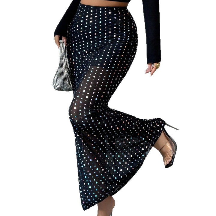 Women's figure-hugging maxi skirt with holographic sequins, high waist and semi-transparent net trim Mune Fashion