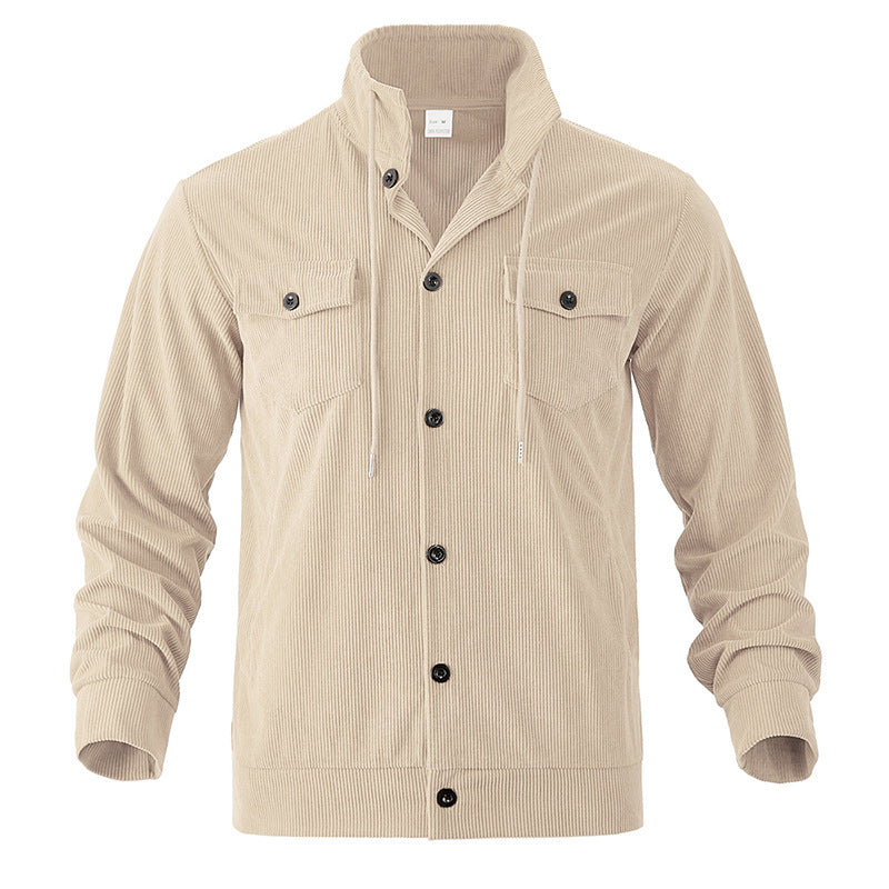 Men's cord jacket with stand-up collar, drawstring, continuous button placket, and applied chest flaps Mune Fashion