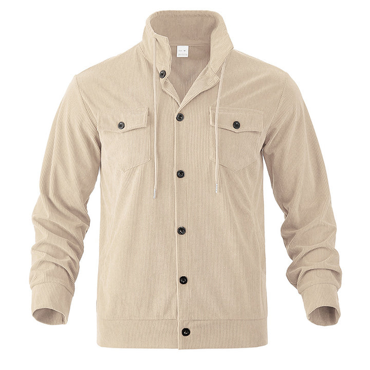 Men's cord jacket with stand-up collar, drawstring, continuous button placket, and applied chest flaps Mune Fashion