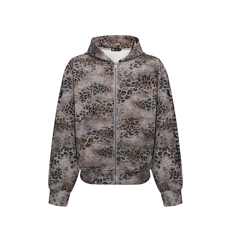 Women's hooded sweatshirt jacket with full zip and allover leopard print Mune Fashion