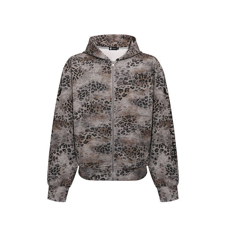 Women's hooded sweatshirt jacket with full zip and allover leopard print Mune Fashion