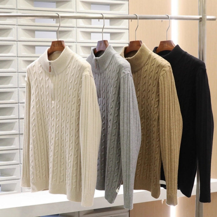 Men's fine knit pullover with cable pattern and half zip stand-up collar Mune Fashion