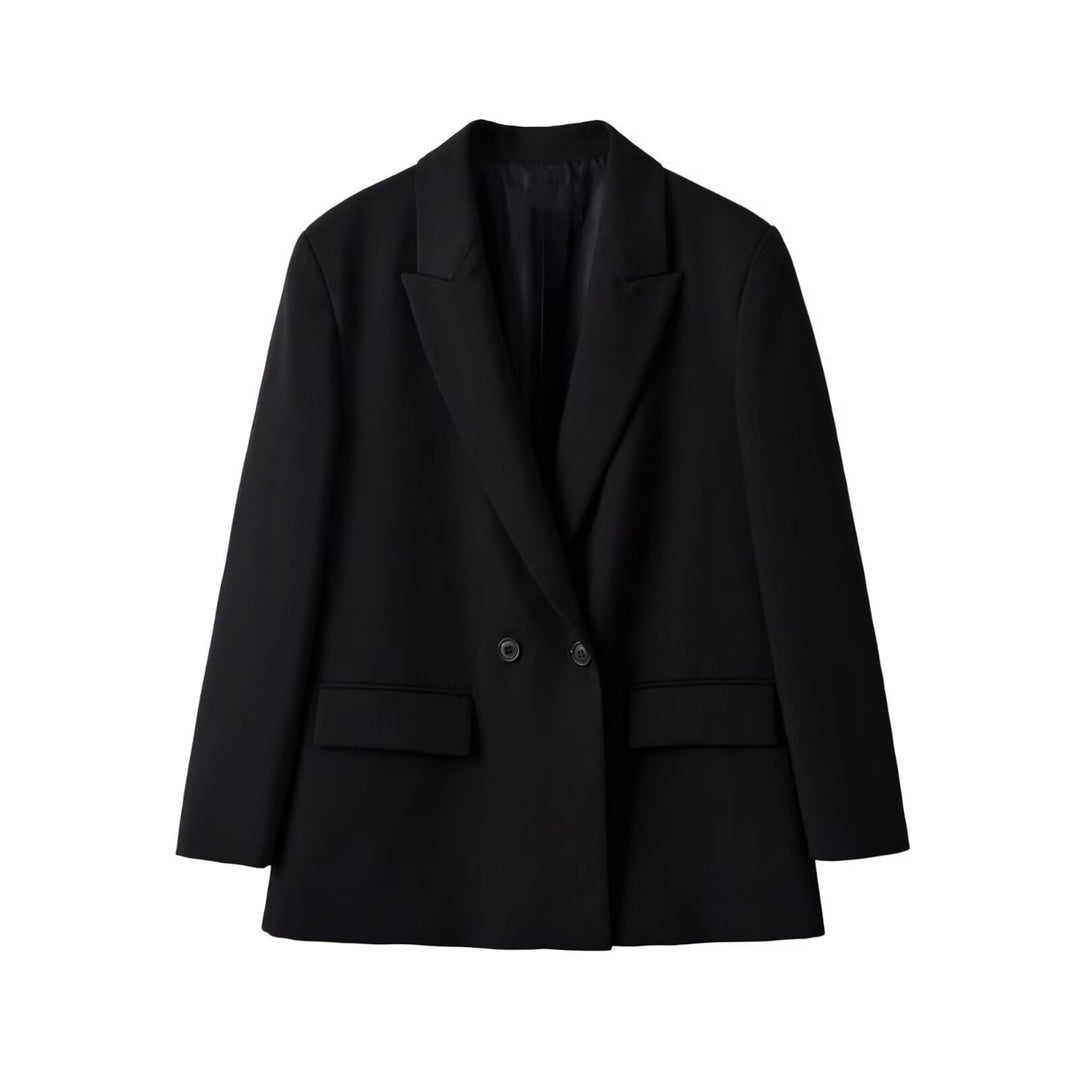 Women's Double Breasted Long Blazer with Lapel Collar, Tailored Fit and Patch Pockets