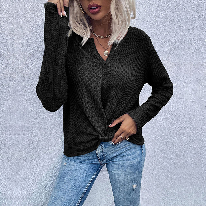 Women Waffle Knit Long Sleeve with V-neck and Knot Front Mune Fashion
