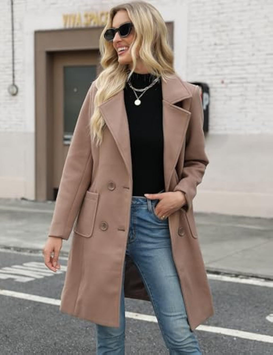 Women Classic Double-Breasted Wool Blend Coat with Tailored Silhouette and Large Flap Pockets