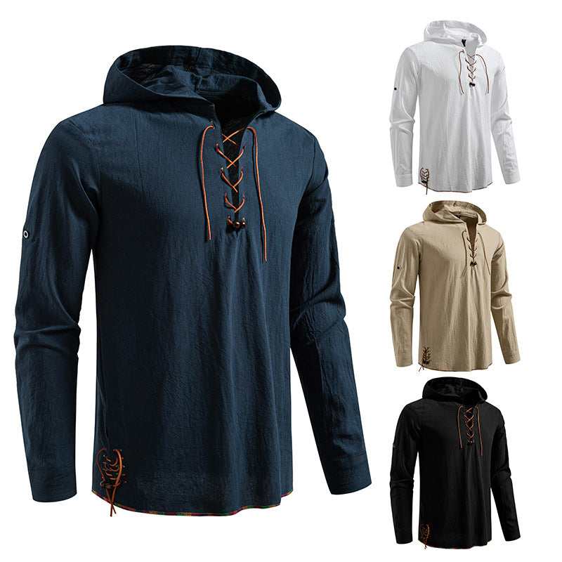 Men's Lightweight Hoodie Shirt with Decorative Lacing, Short Sleeve and Longline Cut Mune Fashion