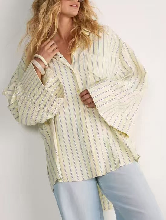Women oversized shirt blouse with wide bell sleeves and fine striped pattern Drune