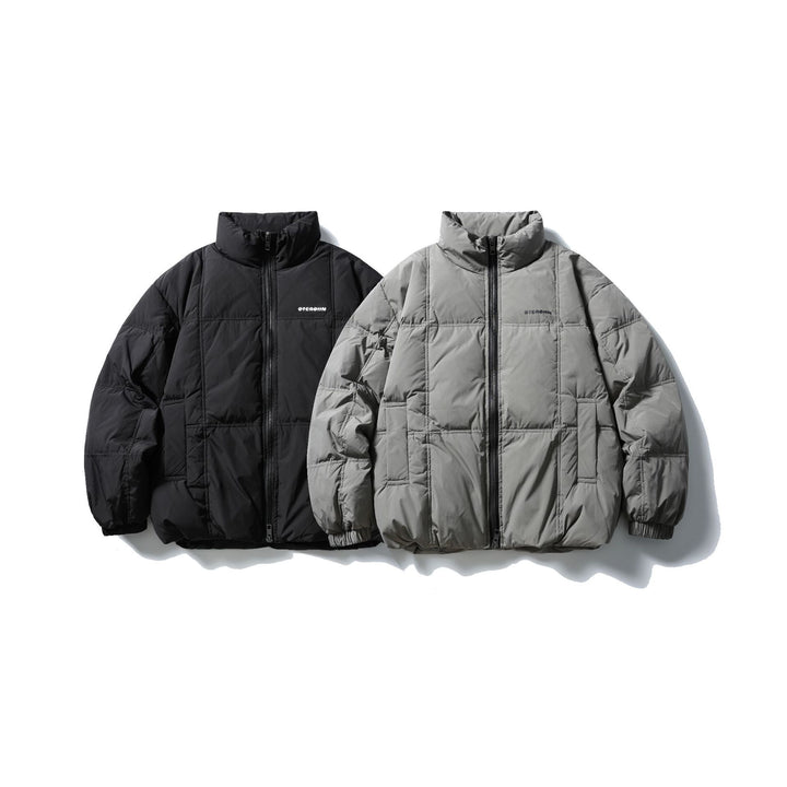 Men's Boxy Quilted Jacket with High Stand-Up Collar, Checked Quilting, and Elastic Hem