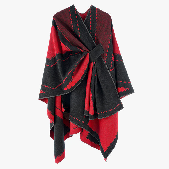 Women's Reversible Wool Blend Poncho with Graphic Jacquard Pattern and Waist Belt Mune Fashion