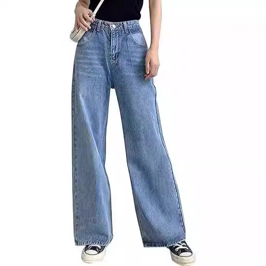 Women high-waisted wide denim pants with straight flare and classic five-pocket design Mune Fashion