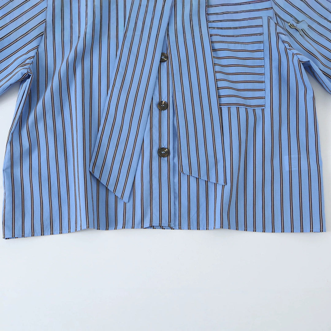 Women Striped Bow Blouse with Chest Pocket and Continuous Button Placket Mune Fashion