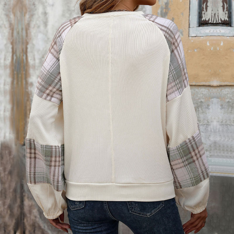 Women Oversize Long Sleeve with Checked Chiffon Raglan Sleeves and Gathered Cuffs Mune Fashion