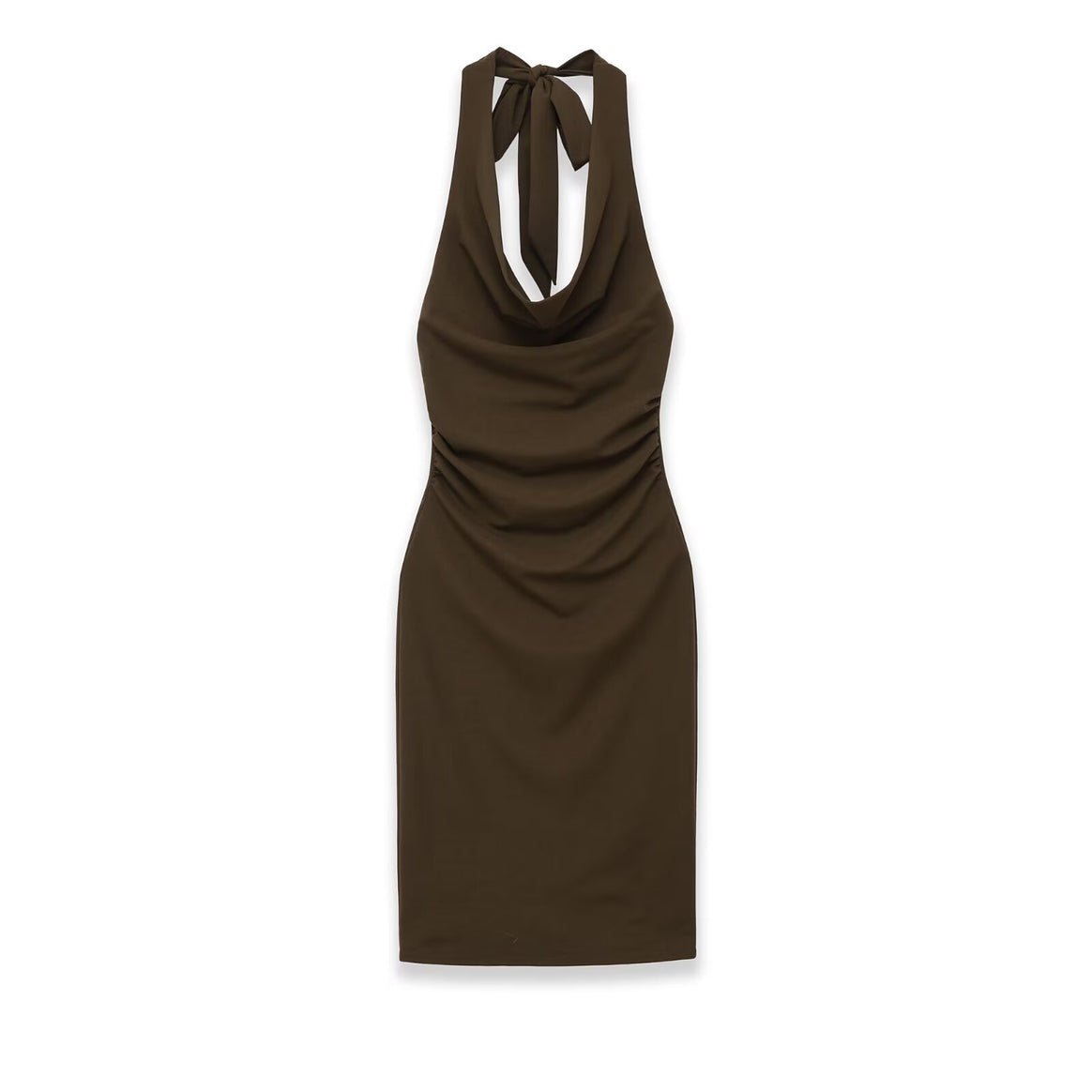 Ladies midi dress with halter neck, waterfall cowl neckline and side gathering Mune Fashion