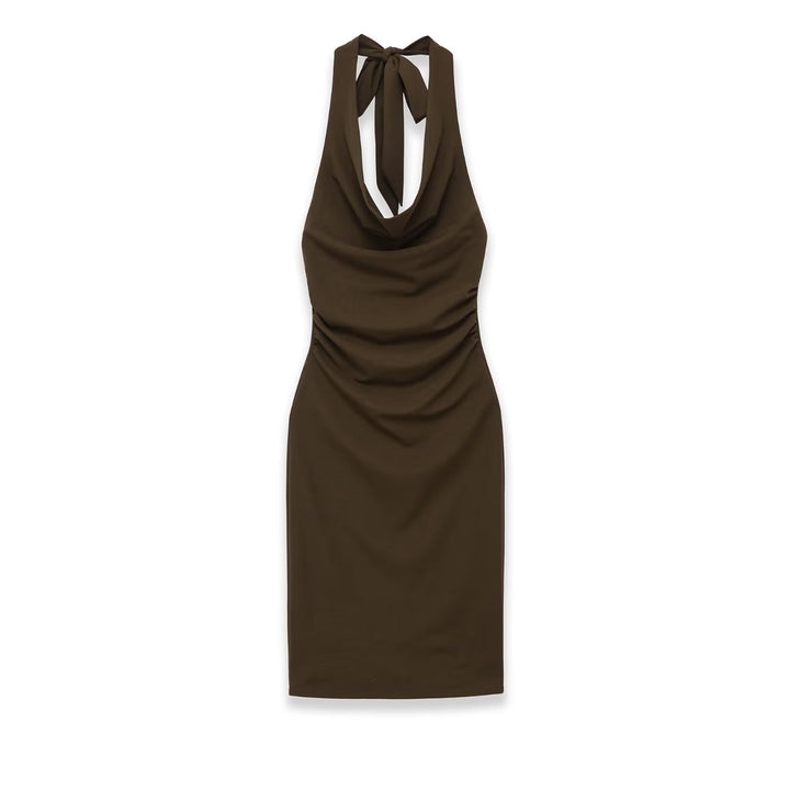 Ladies midi dress with halter neck, waterfall cowl neckline and side gathering Mune Fashion