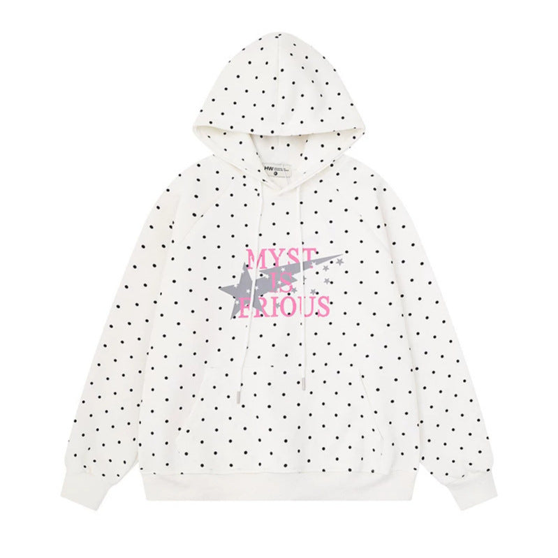 Women's oversized hoodie with allover polka dots, kangaroo pocket and star graphic Mune Fashion