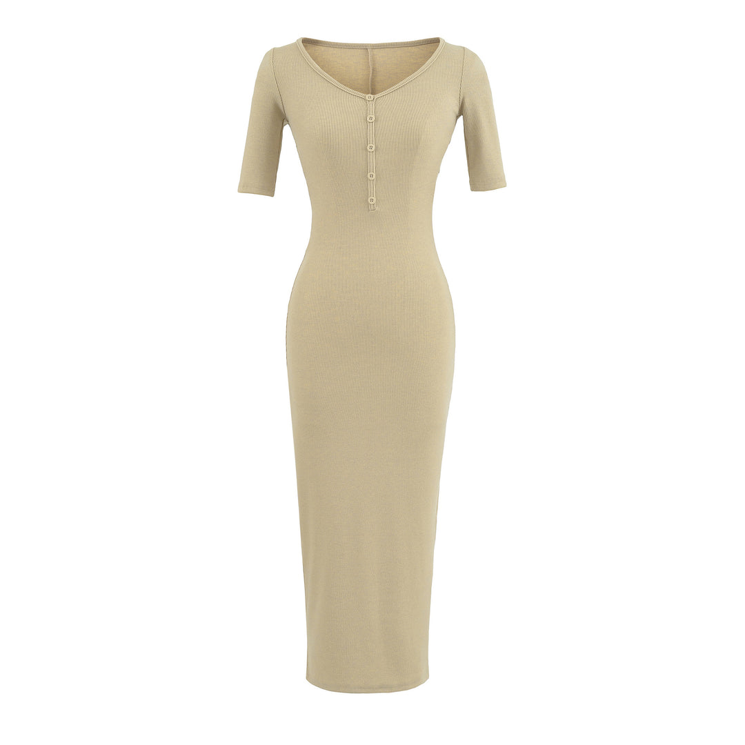Women's Fitted Midi Dress made of Rib Knit with Button Placket and Half-Length Sleeves Mune Fashion