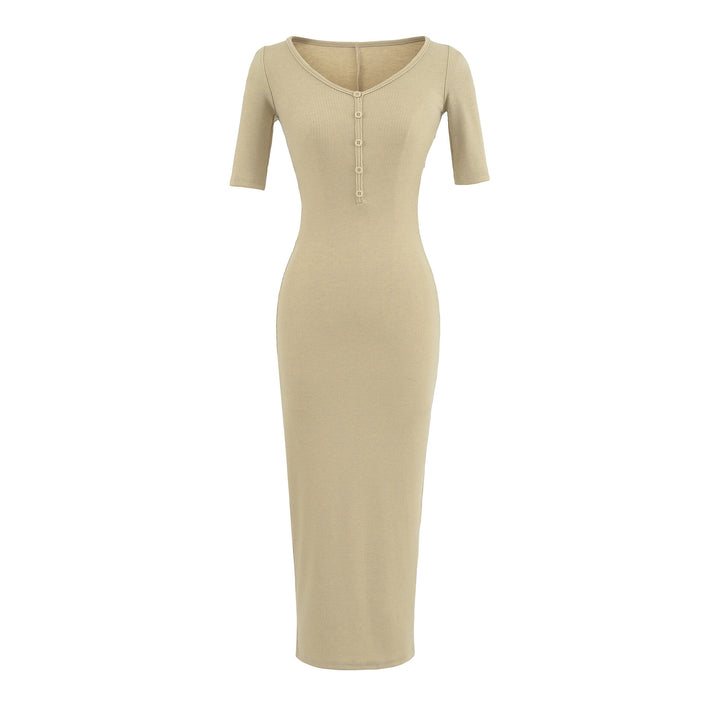 Women's Fitted Midi Dress made of Rib Knit with Button Placket and Half-Length Sleeves Mune Fashion