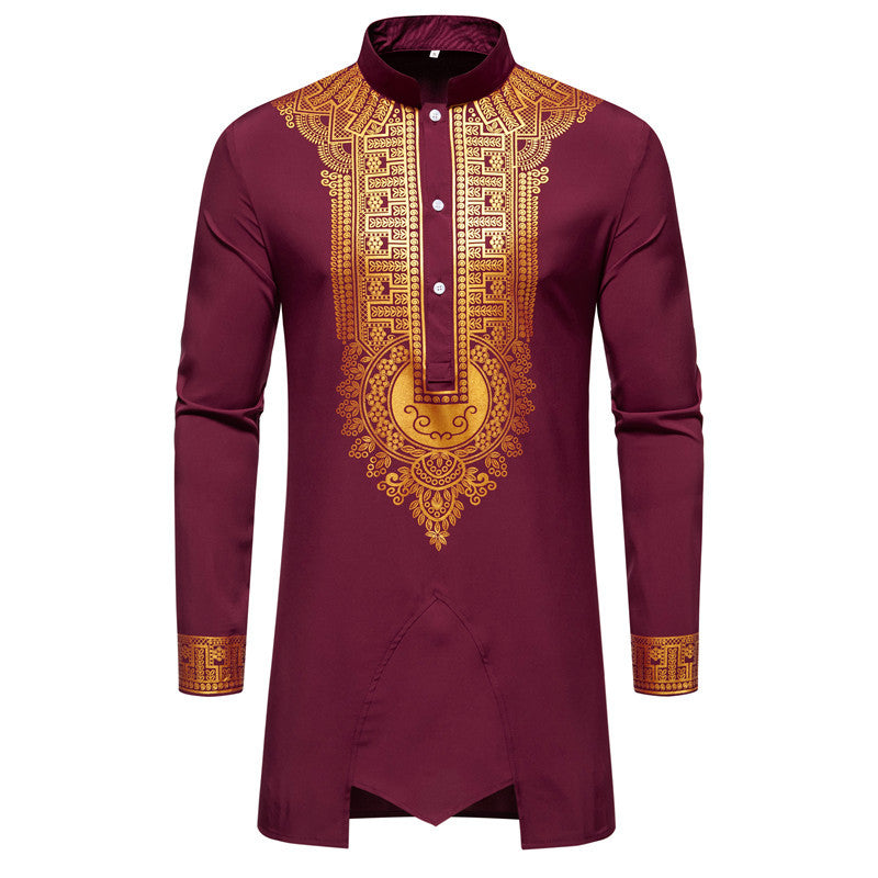 Men's Traditional Tunic Set with Stand-Up Collar and Gold Ornament Print, Long Shirt & Drawstring Pants Mune Fashion
