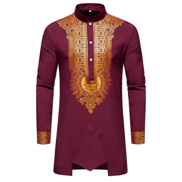 Men's Traditional Tunic Set with Stand-Up Collar and Gold Ornament Print, Long Shirt & Drawstring Pants Mune Fashion