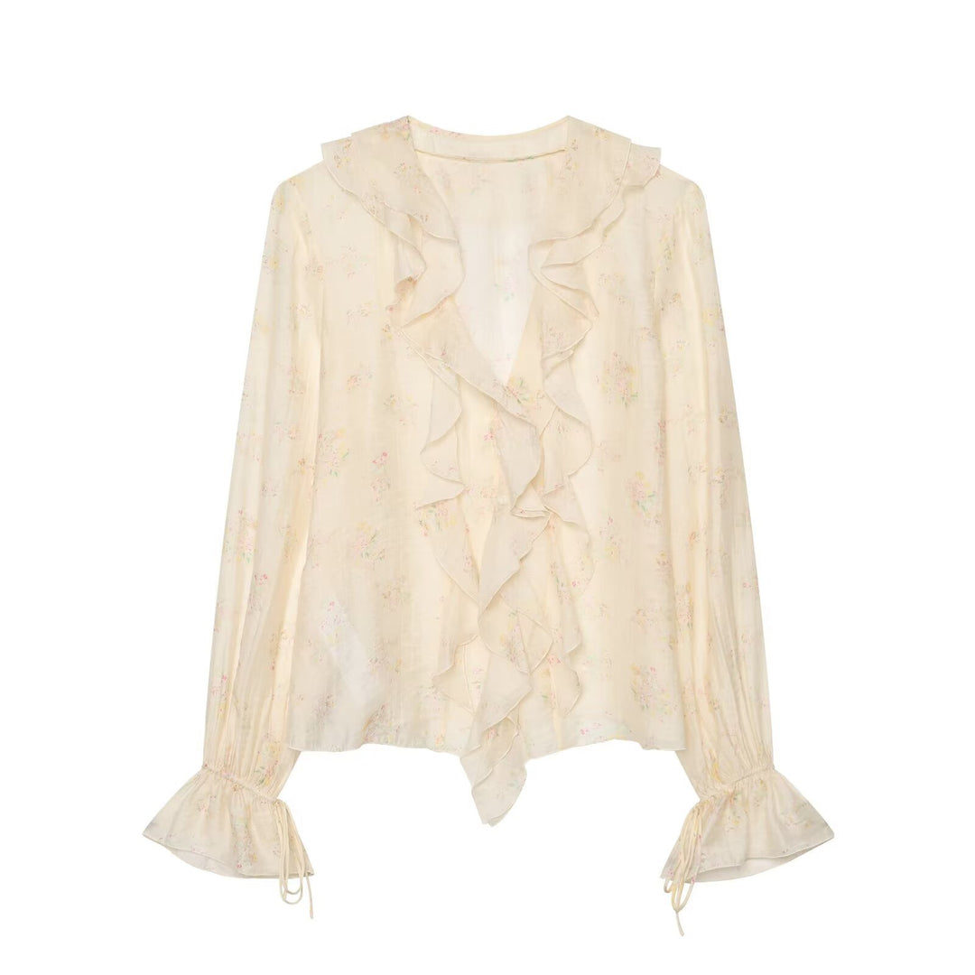 Women Lightweight Chiffon Blouse with Ruffle Collar, Deep V-Neck and Ruffled Trumpet Sleeves Drune