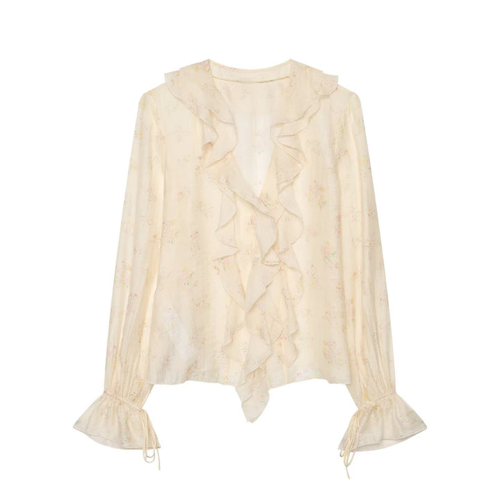 Women Lightweight Chiffon Blouse with Ruffle Collar, Deep V-Neck and Ruffled Trumpet Sleeves Drune
