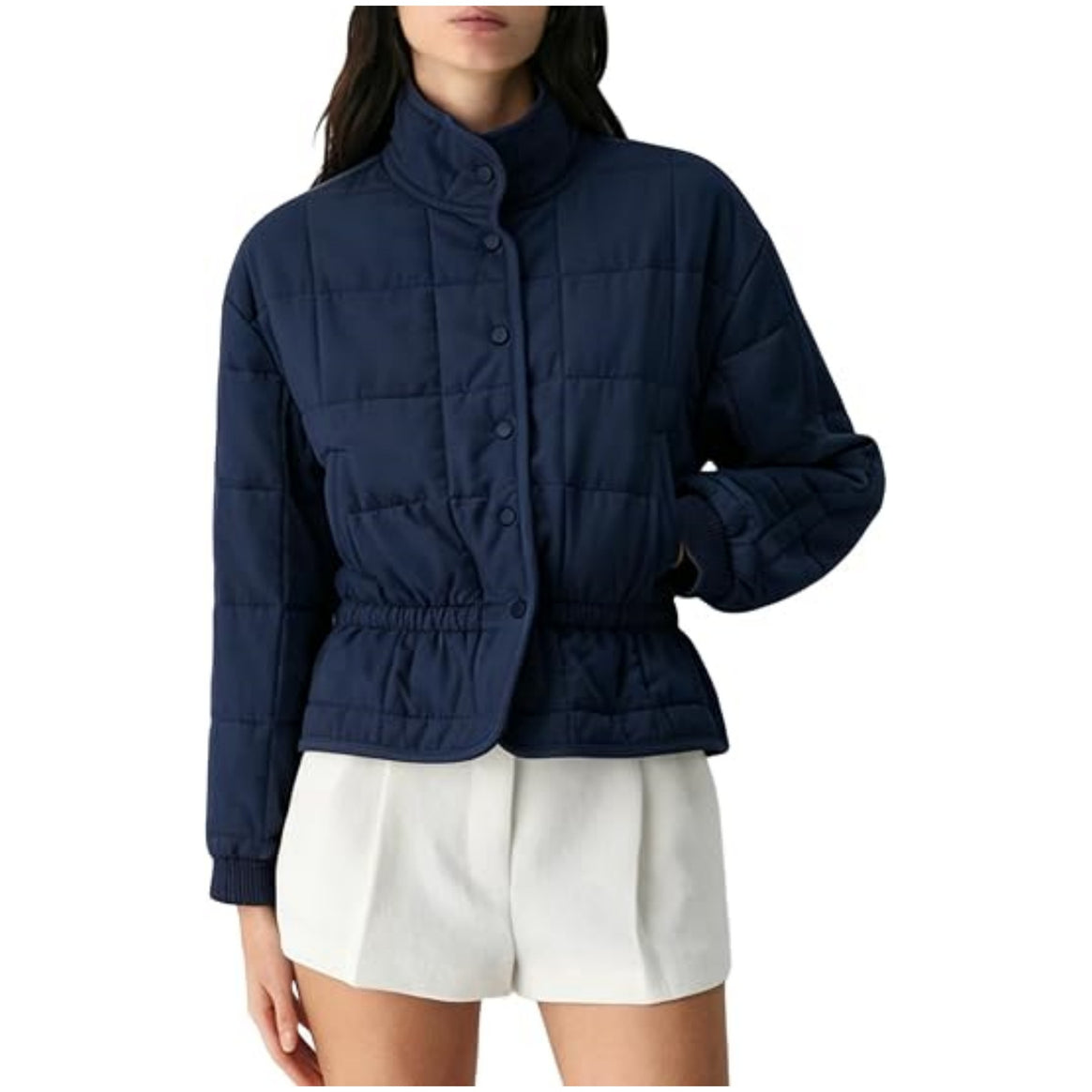Women's cropped quilted jacket with stand-up collar and drawstring waist Mune Fashion