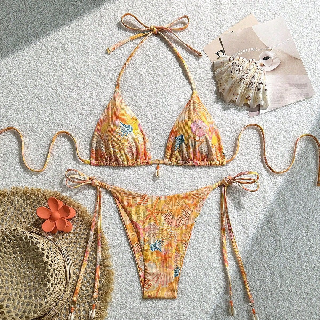 Women's triangle bikini with tropical pattern and playful ties Mune Fashion