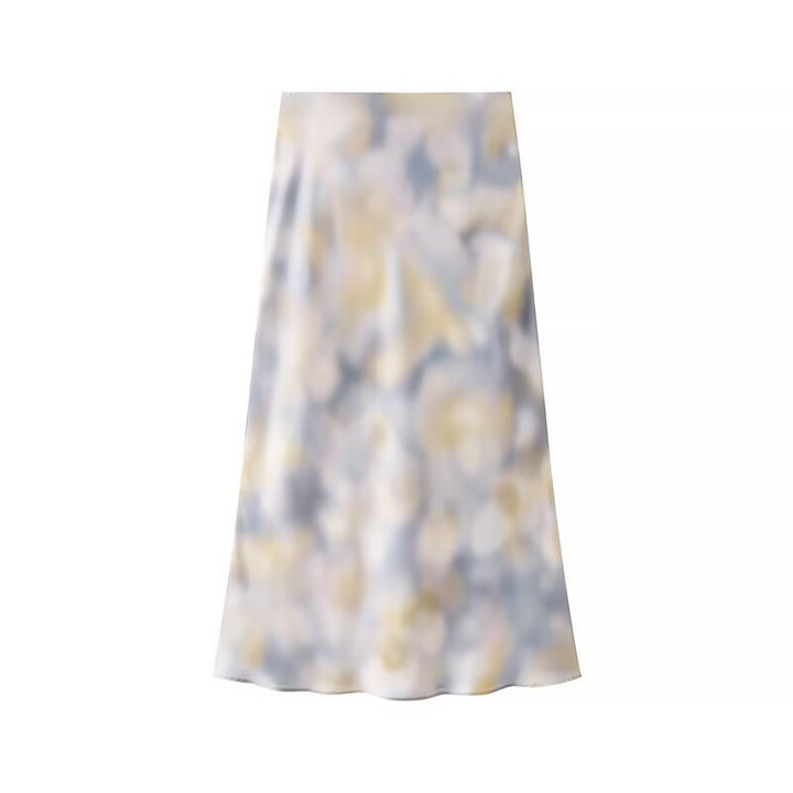 Women's Silky Two-Piece Blouse and Midi Skirt Set with A-Line Skirt and Abstract Watercolor Print Mune Fashion