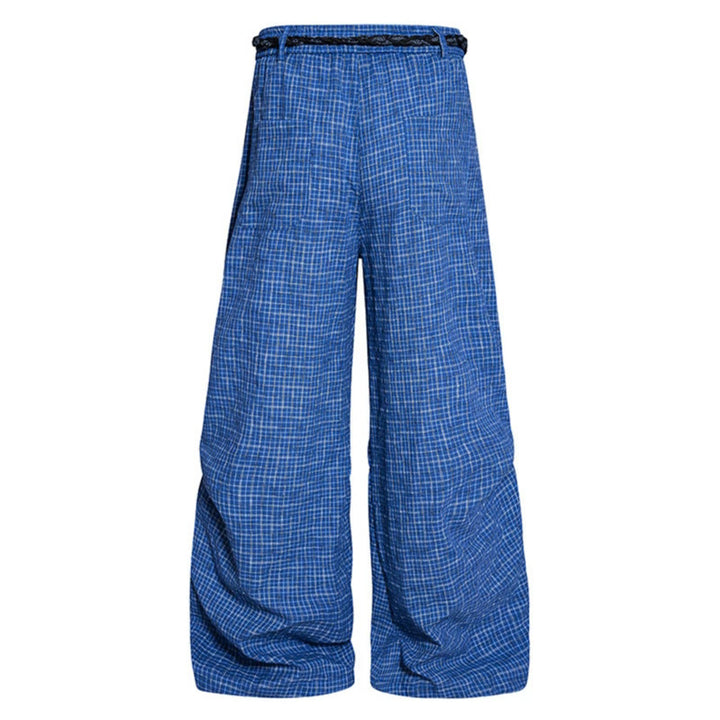 Women's wide palazzo pants with layered pleats, high waistband, and decorative cord belt Mune Fashion