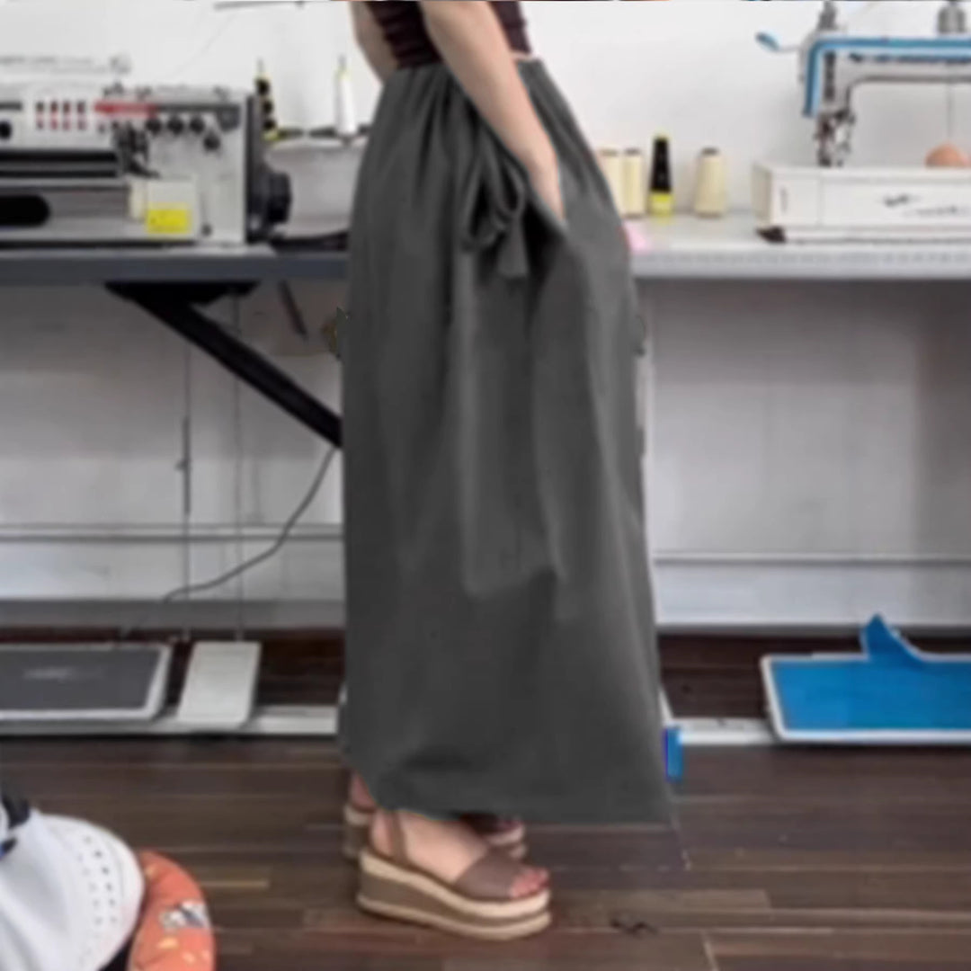 Women's Flowing Midi Skirt with High Smocked Waistband, Ties and Pockets Mune Fashion