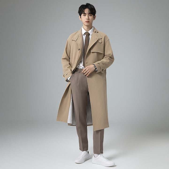 Men's Long Modern Trench Coat made of lightweight twill with concealed button placket and waist belt Mune Fashion