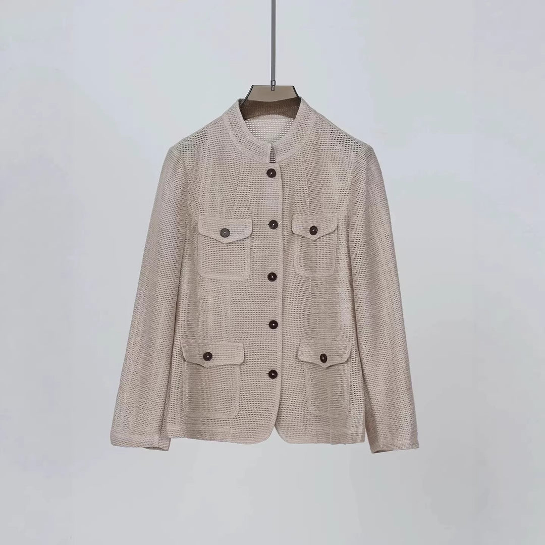 Women's Lightweight Crochet Look Transition Jacket with Round Collar and Flap Pockets Mune Fashion