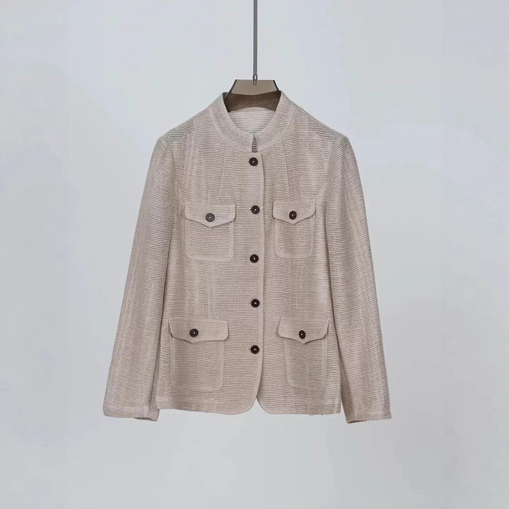 Women's Lightweight Crochet Look Transition Jacket with Round Collar and Flap Pockets Mune Fashion