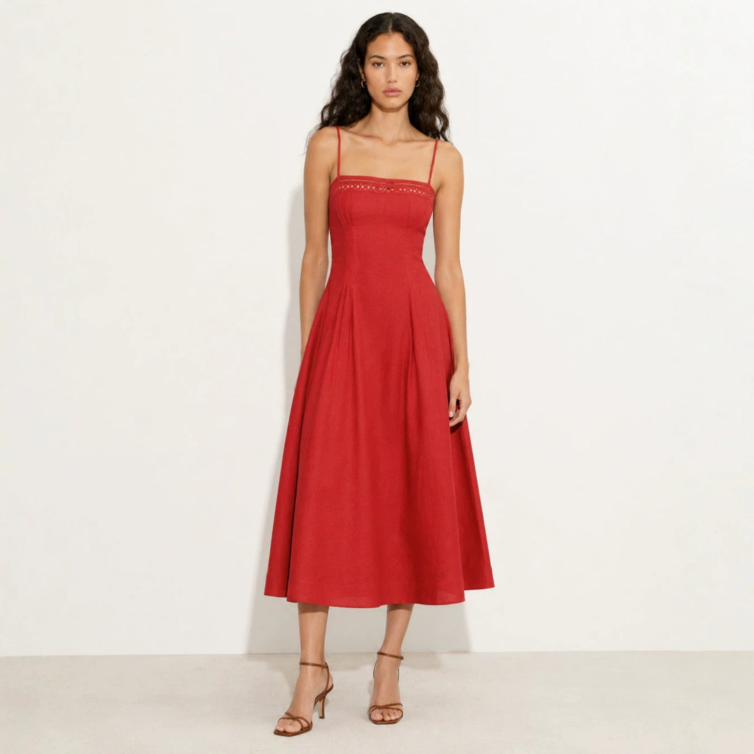 Women's Vintage-inspired Midi Dress with Slim Spaghetti Straps, Lace Insert and Flared Skirt Mune Fashion