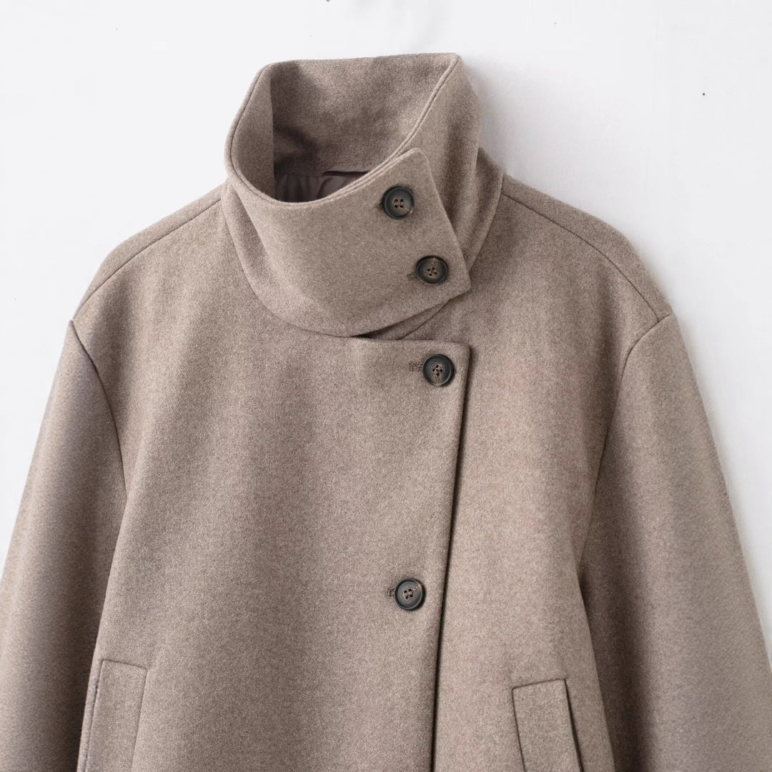 Women's Cropped Wool Blend Short Jacket with High Stand Collar, Asymmetric Button Placket and Cuffed Sleeves Mune Fashion