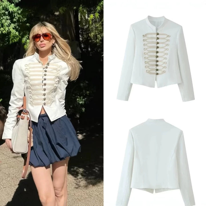 Women Military Inspired Short Stand Collar Jacket with Decorative Cords and Brass Buttons Mune Fashion