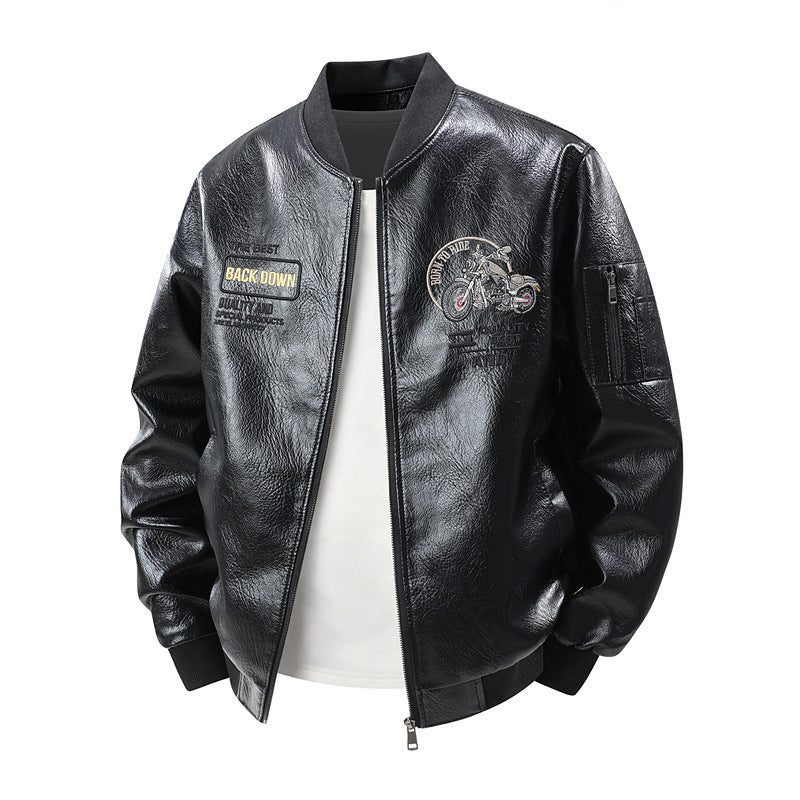 Men's Fashion Faux Leather Bomber Jacket with Detailed Embroidery Mune Fashion