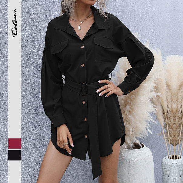 Women's short shirt dress in safari style with tie belt and patch chest pockets Mune Fashion